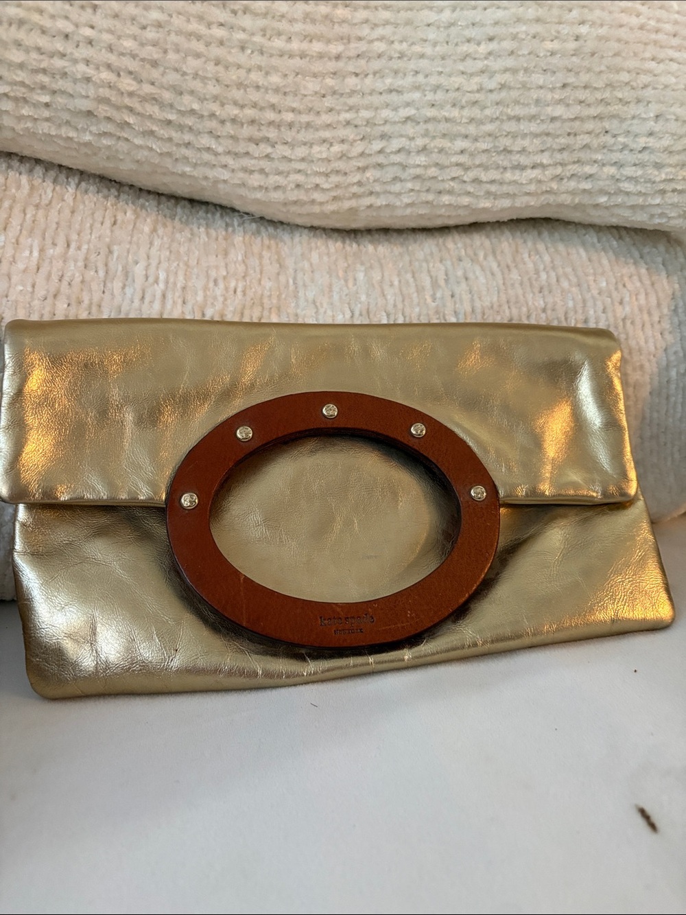 kate spade Metallic Gold Foldover Clutch with Wooden Oval Handle